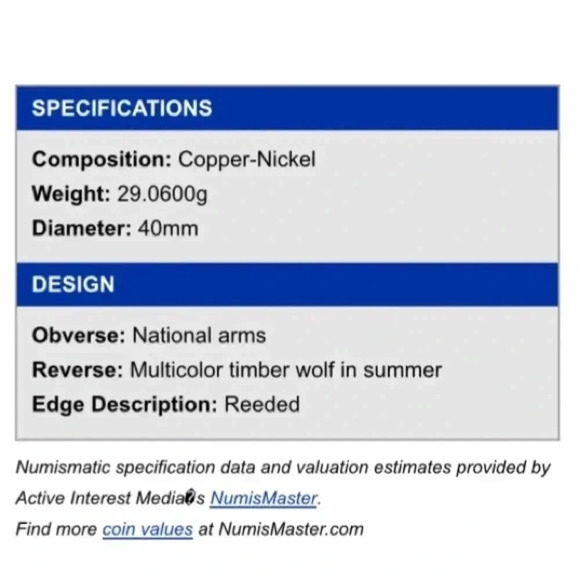 2000 Republic of Liberia $10 Colorized Timber Wolf Coin i - Picture 3 of 3